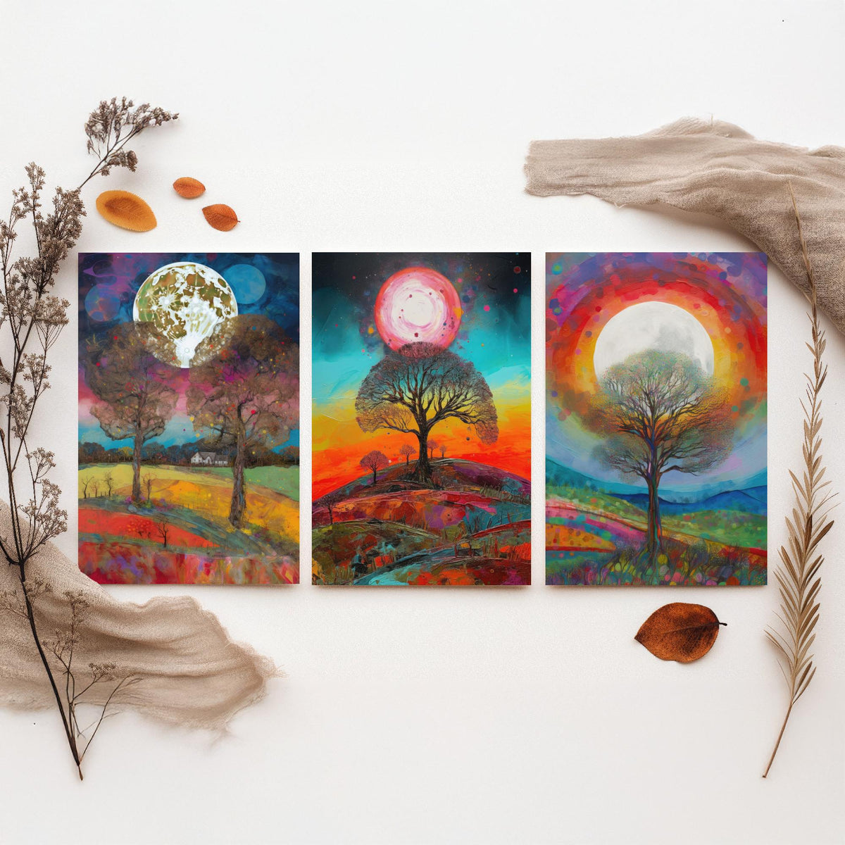 Full Moon Tree Set of Three Art Prints - Countryside Trees Under a Bright Moon - Colourful Rolling Hills Poster Illustration