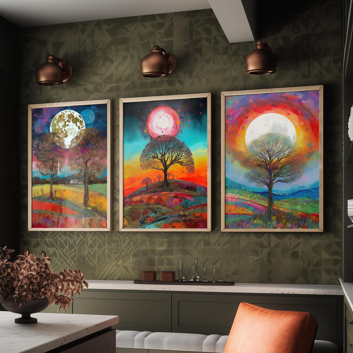 Full Moon Tree Set of Three Art Prints - Countryside Trees Under a Bright Moon - Colourful Rolling Hills Poster Illustration