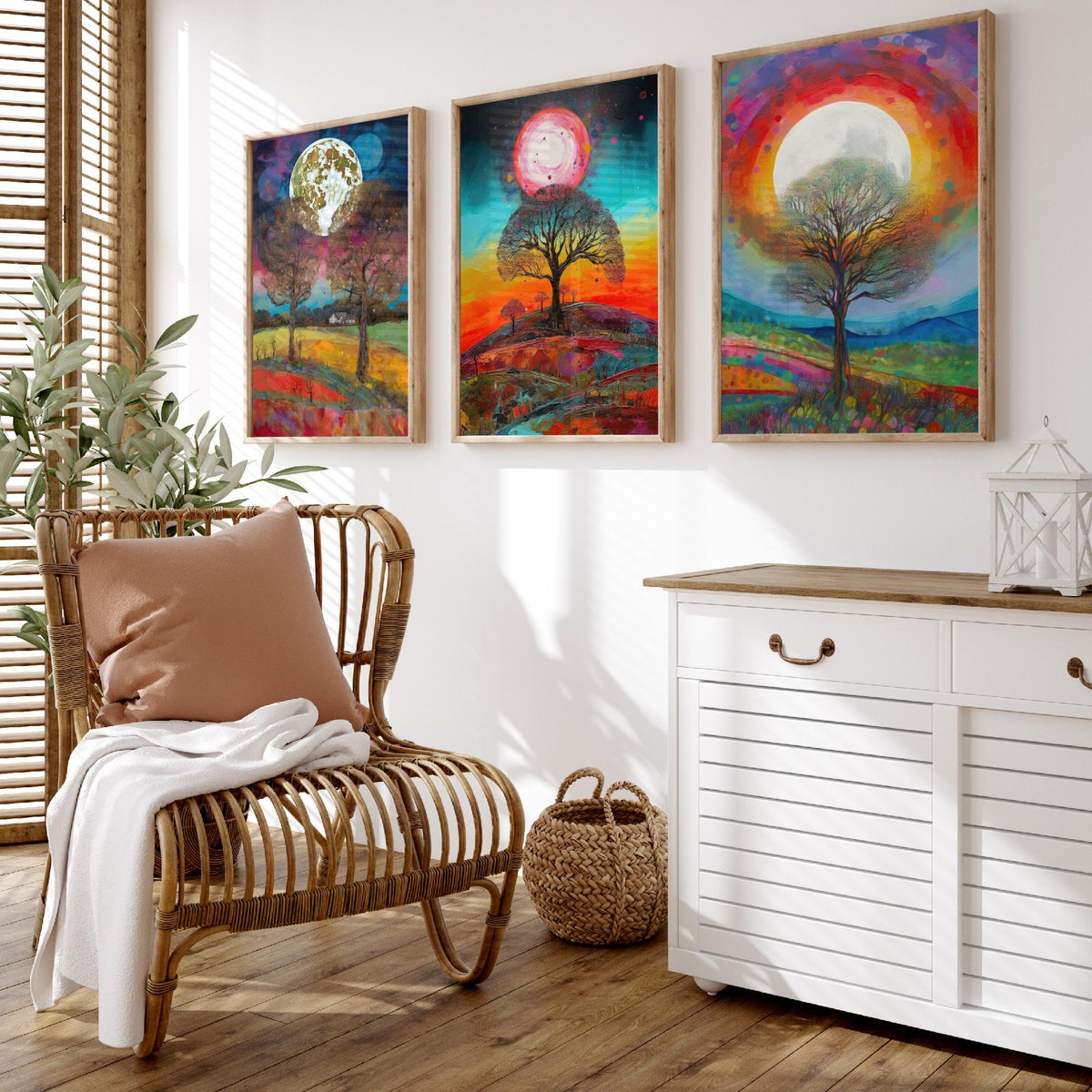 Full Moon Tree Set of Three Art Prints - Countryside Trees Under a Bright Moon - Colourful Rolling Hills Poster Illustration