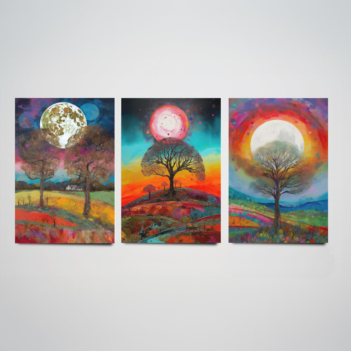 Full Moon Tree Set of Three Art Prints - Countryside Trees Under a Bright Moon - Colourful Rolling Hills Poster Illustration