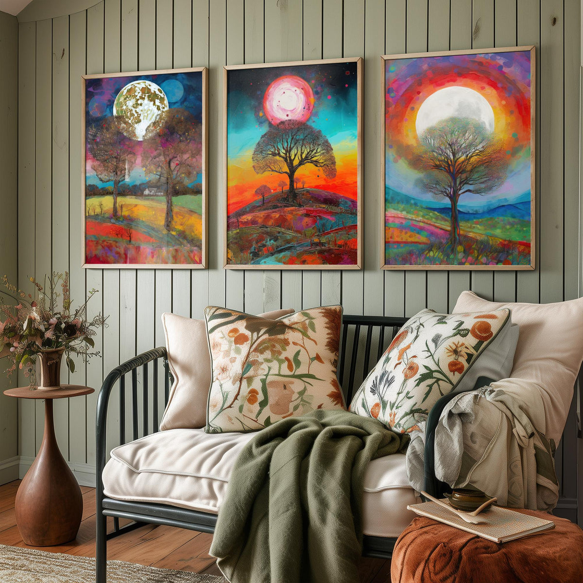 Full Moon Tree Set of Three Art Prints - Countryside Trees Under a Bright Moon - Colourful Rolling Hills Poster Illustration