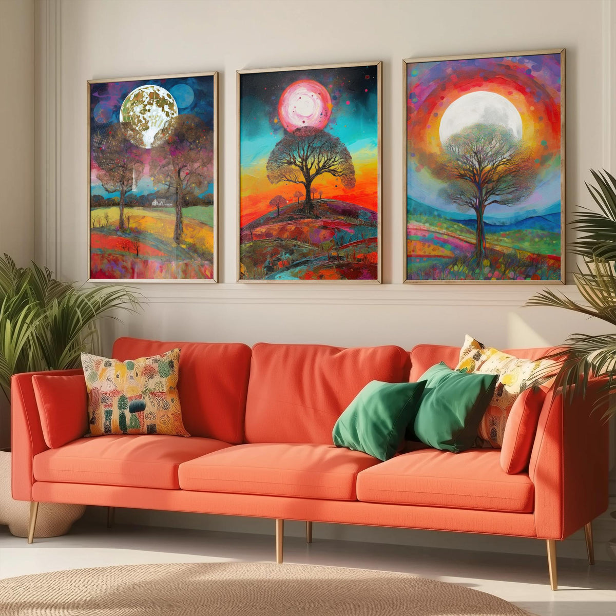 Full Moon Tree Set of Three Art Prints - Countryside Trees Under a Bright Moon - Colourful Rolling Hills Poster Illustration