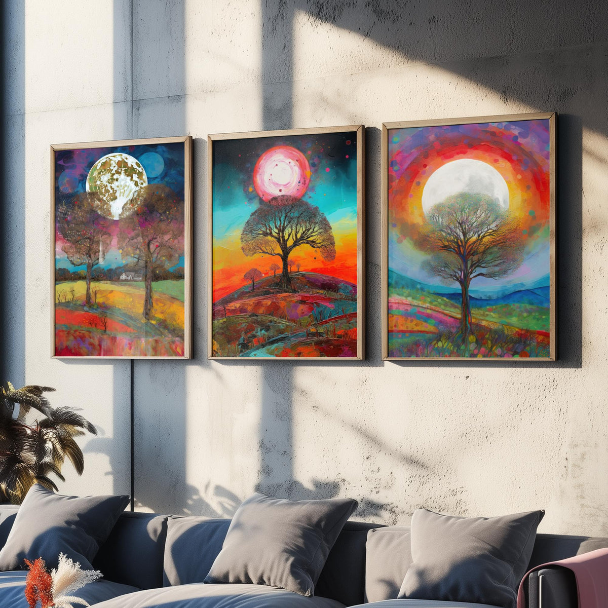 Full Moon Tree Set of Three Art Prints - Countryside Trees Under a Bright Moon - Colourful Rolling Hills Poster Illustration