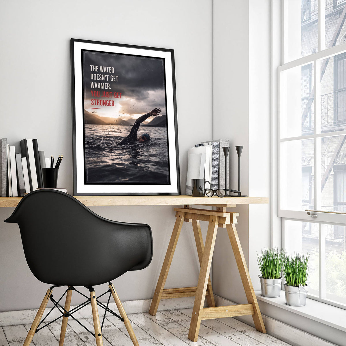 Triathlon Motivational Quote Poster - The Water Doesn't Get Warmer You Just Get Stronger - Open Water Swim Leg Photo Art Print 1/3