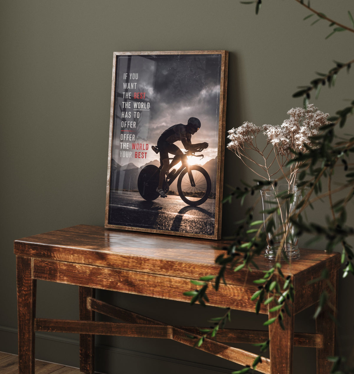 Triathlon Motivation Poster - Offer the World Your Best Quote - Time Trial Bike Photo Art Print - Storm Light Cyclist 2/3