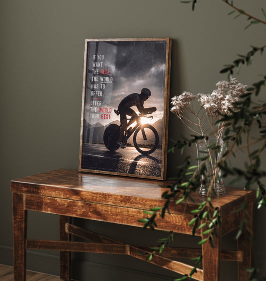 Triathlon Motivation Poster - Offer the World Your Best Quote - Time Trial Bike Photo Art Print - Storm Light Cyclist 2/3