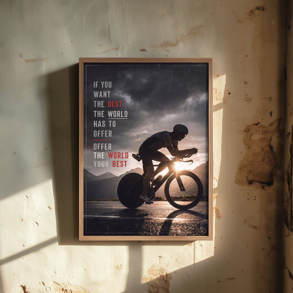 Triathlon Motivation Poster - Offer the World Your Best Quote - Time Trial Bike Photo Art Print - Storm Light Cyclist 2/3