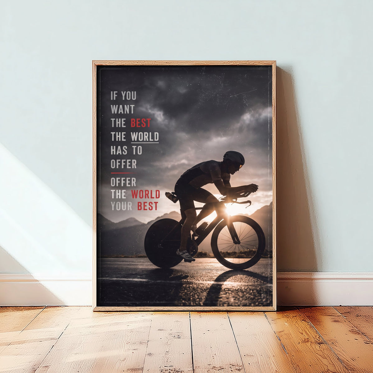 Triathlon Motivation Poster - Offer the World Your Best Quote - Time Trial Bike Photo Art Print - Storm Light Cyclist 2/3