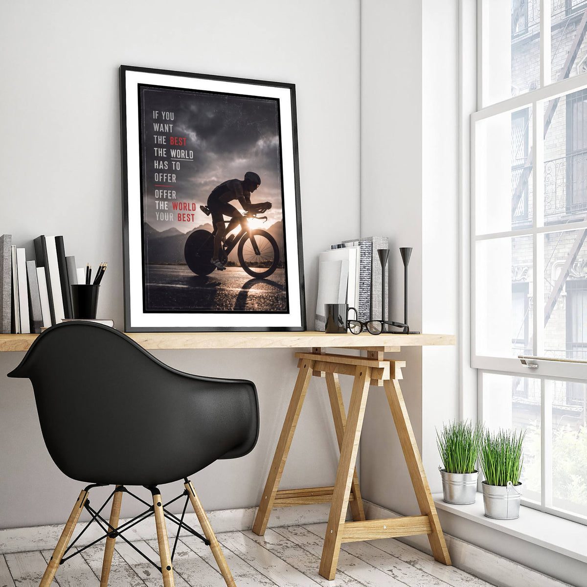 Triathlon Motivation Poster - Offer the World Your Best Quote - Time Trial Bike Photo Art Print - Storm Light Cyclist 2/3