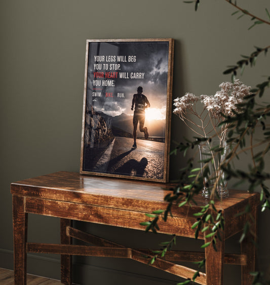 Triathlon Motivational Print - Your Heart Will Carry You Home Quote - Swim Bike Run Photo Poster - Sunrise Road Runner 3/3