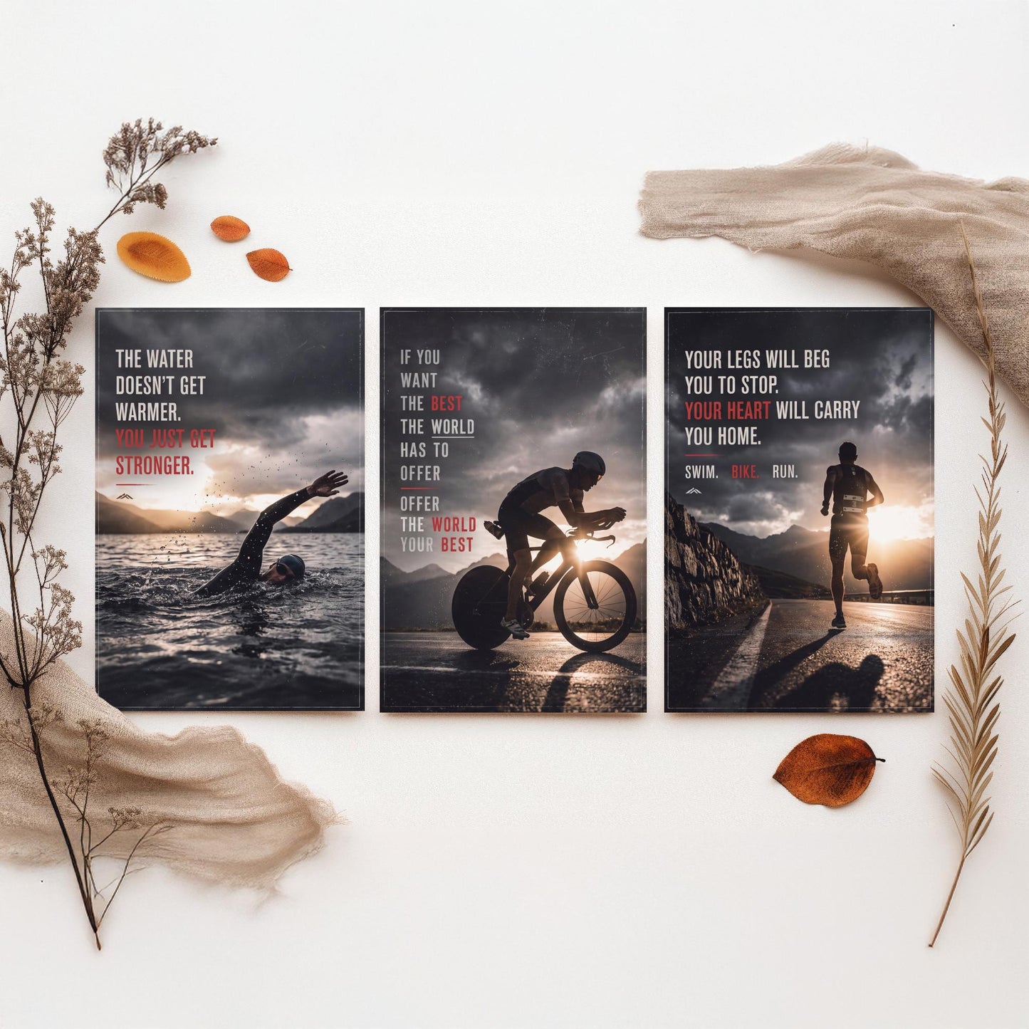 Triathlon Motivation Set of Three Prints - 3 Inspirational Quote Posters - Swim Bike Run Photo Wall Art - Your Heart Carries You