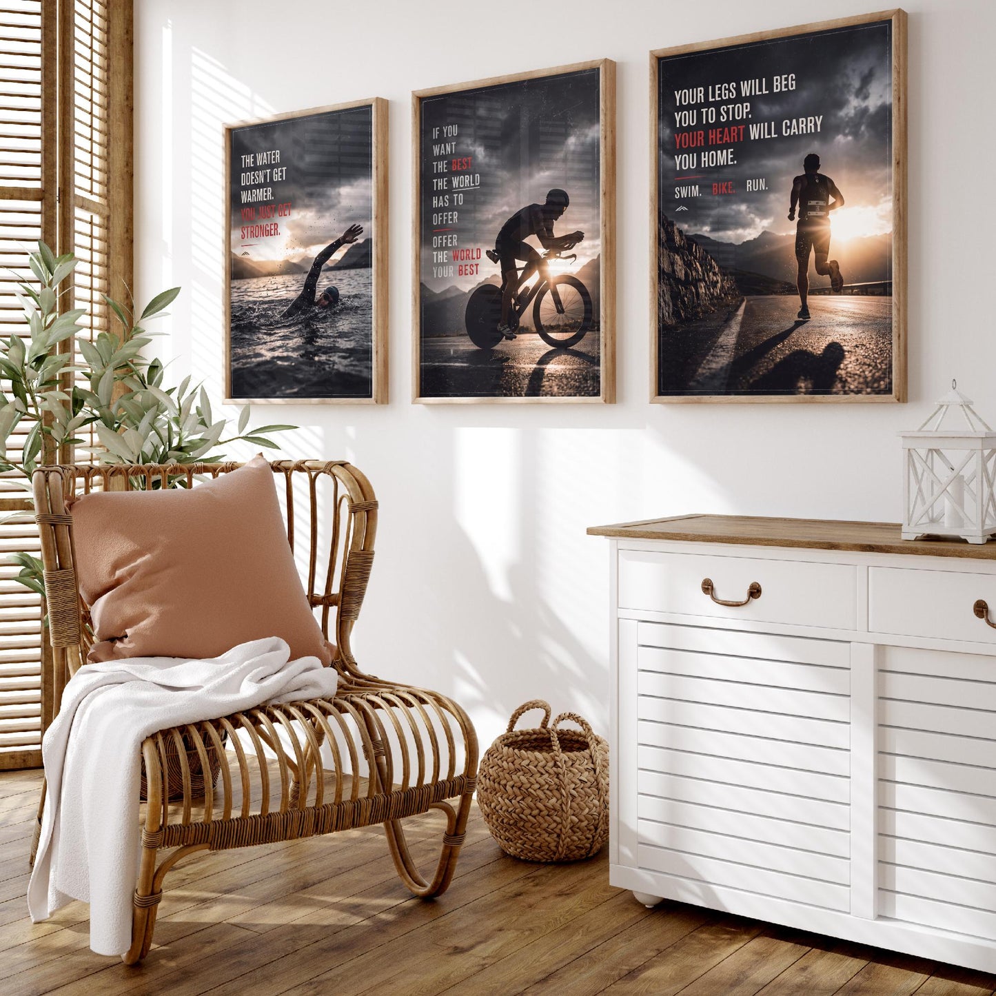 Triathlon Motivation Set of Three Prints - 3 Inspirational Quote Posters - Swim Bike Run Photo Wall Art - Your Heart Carries You