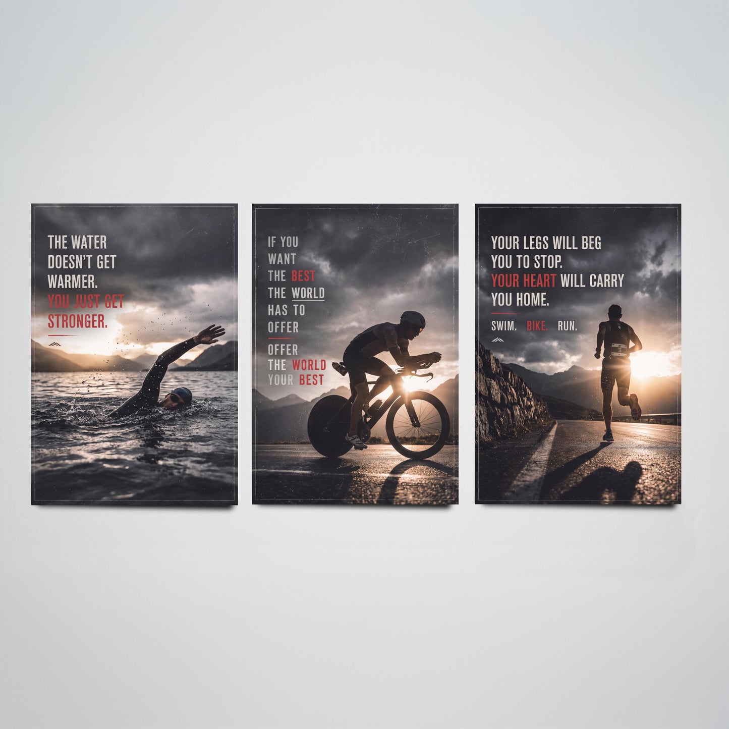 Triathlon Motivation Set of Three Prints - 3 Inspirational Quote Posters - Swim Bike Run Photo Wall Art - Your Heart Carries You