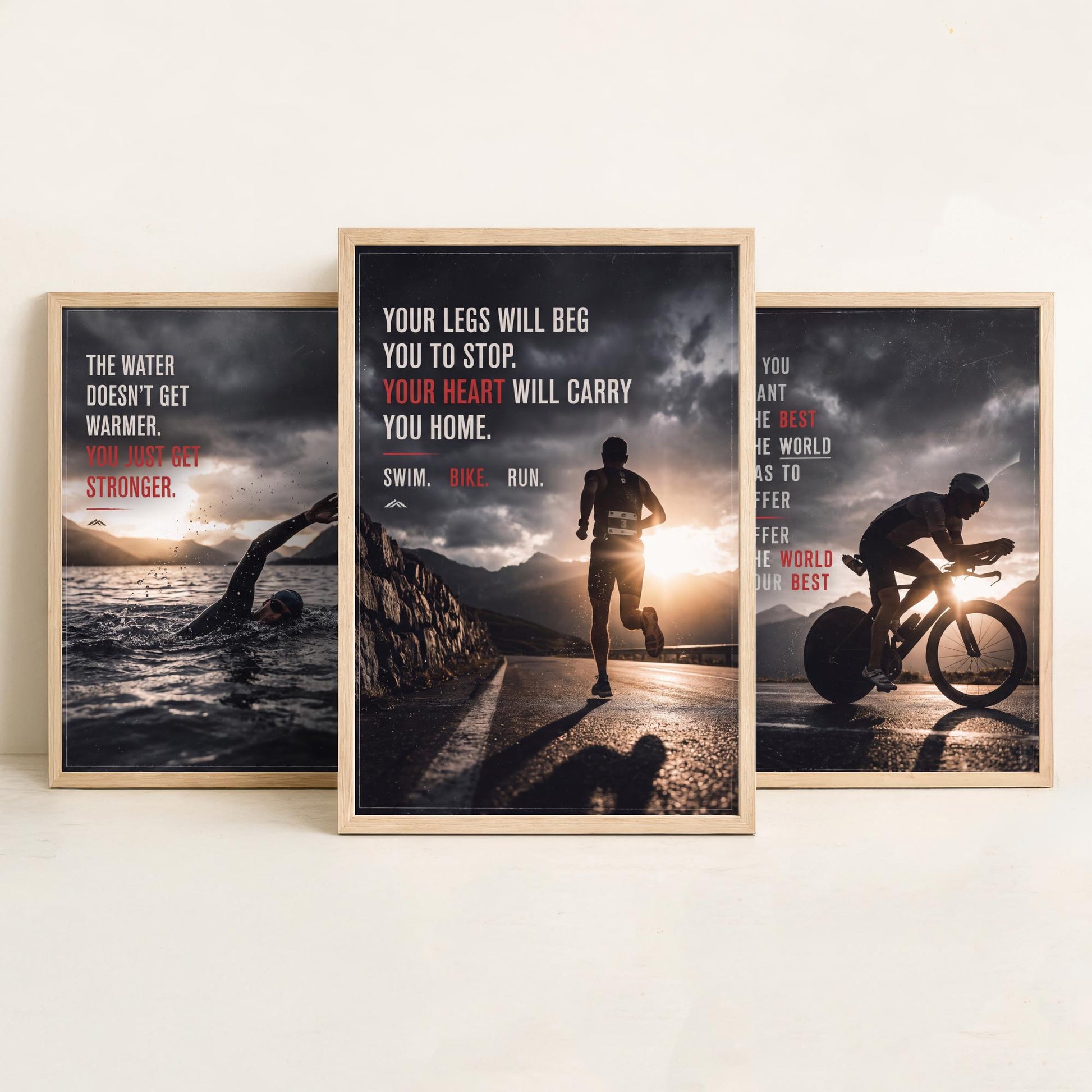 Triathlon Motivation Set of Three Prints - 3 Inspirational Quote Posters - Swim Bike Run Photo Wall Art - Your Heart Carries You