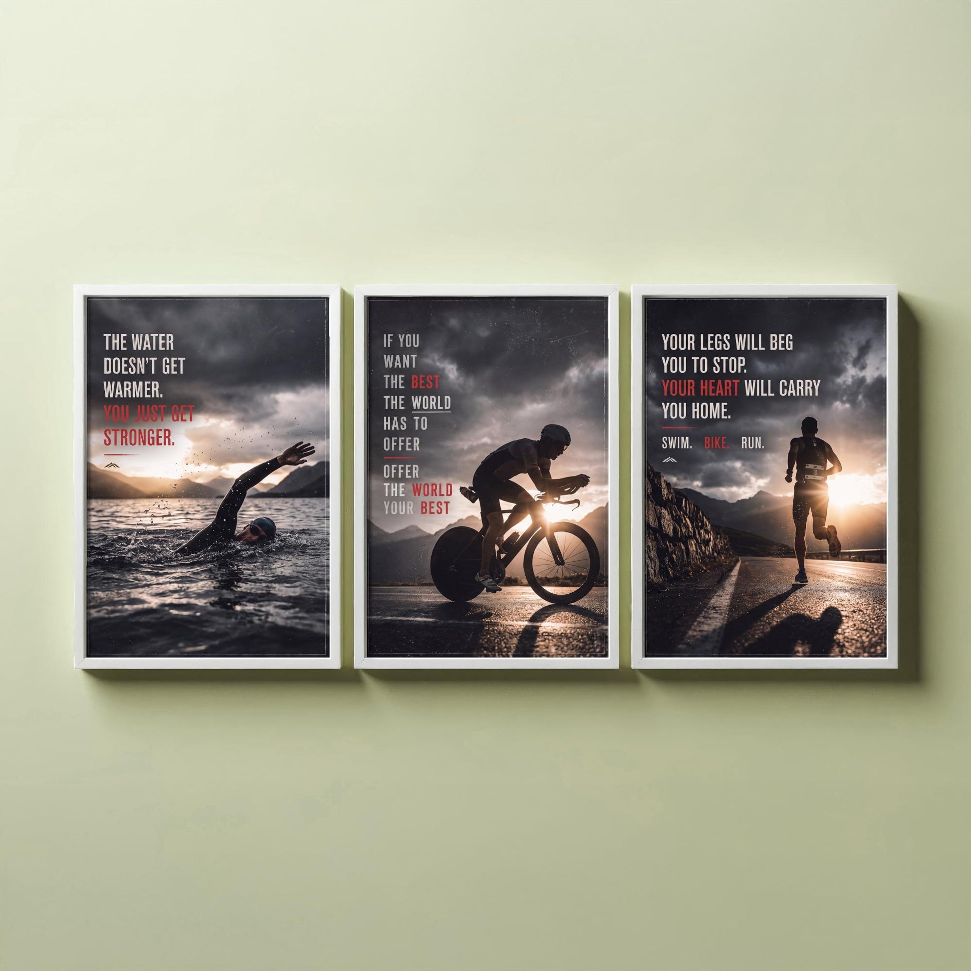 Triathlon Motivation Set of Three Prints - 3 Inspirational Quote Posters - Swim Bike Run Photo Wall Art - Your Heart Carries You