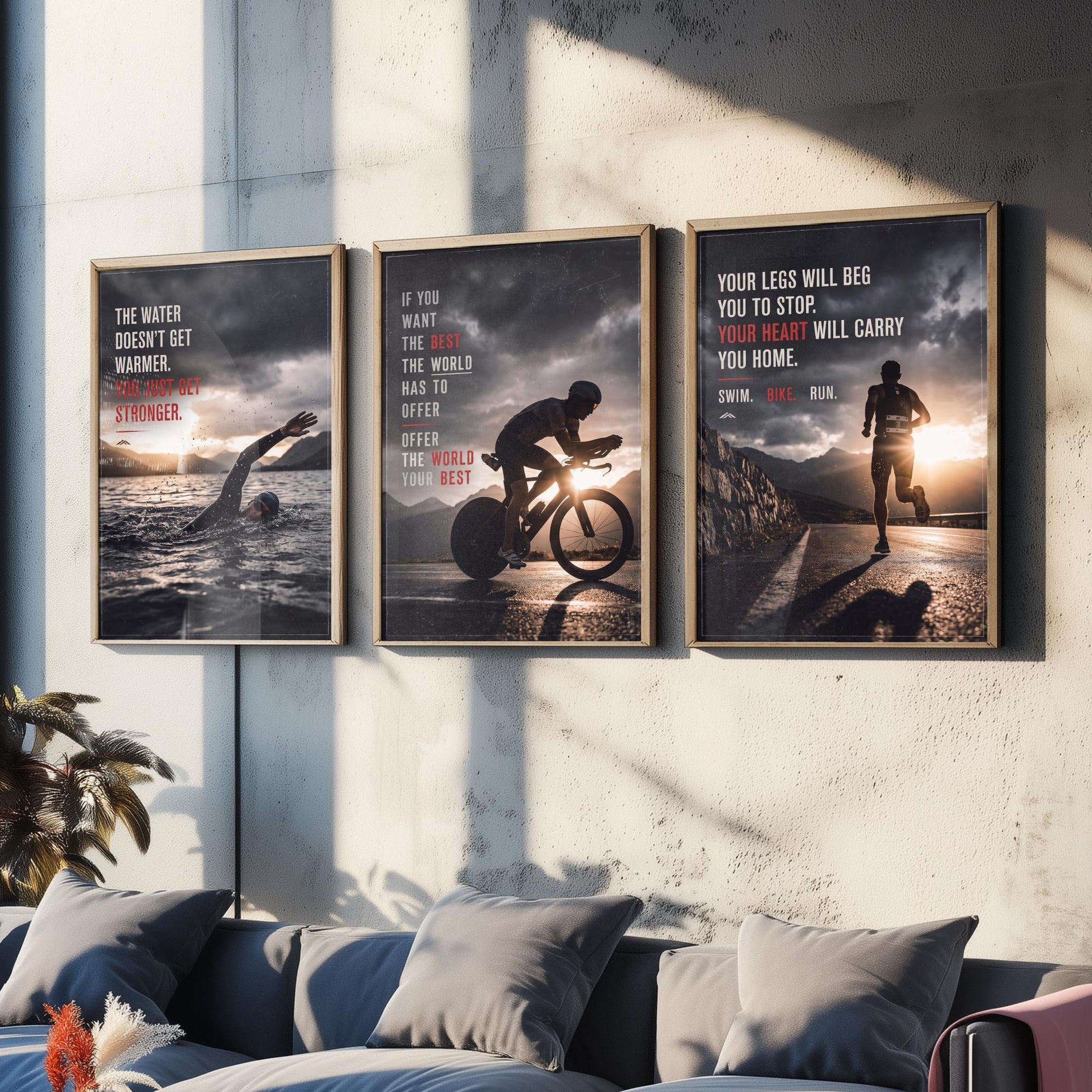 Triathlon Motivation Set of Three Prints - 3 Inspirational Quote Posters - Swim Bike Run Photo Wall Art - Your Heart Carries You