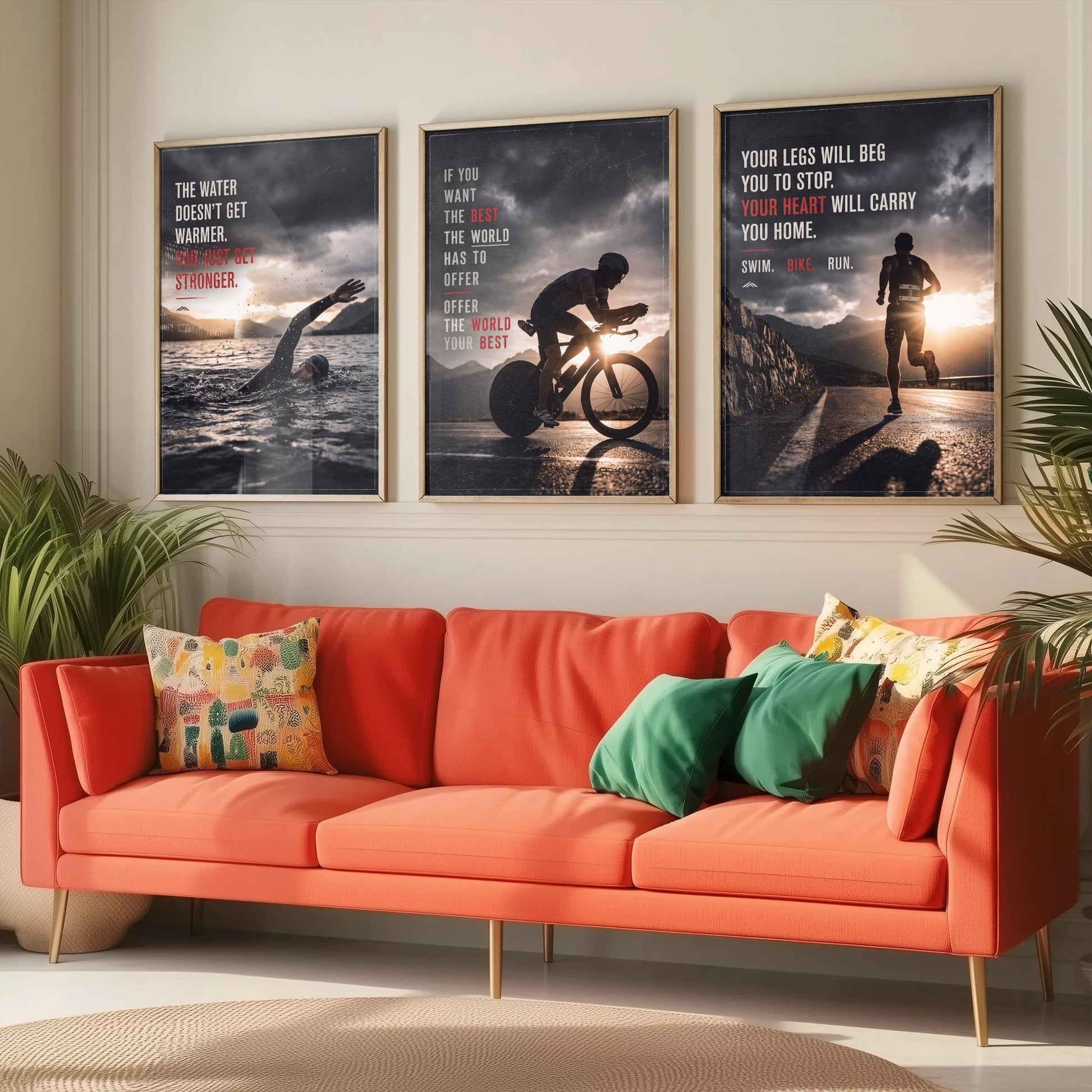 Triathlon Motivation Set of Three Prints - 3 Inspirational Quote Posters - Swim Bike Run Photo Wall Art - Your Heart Carries You