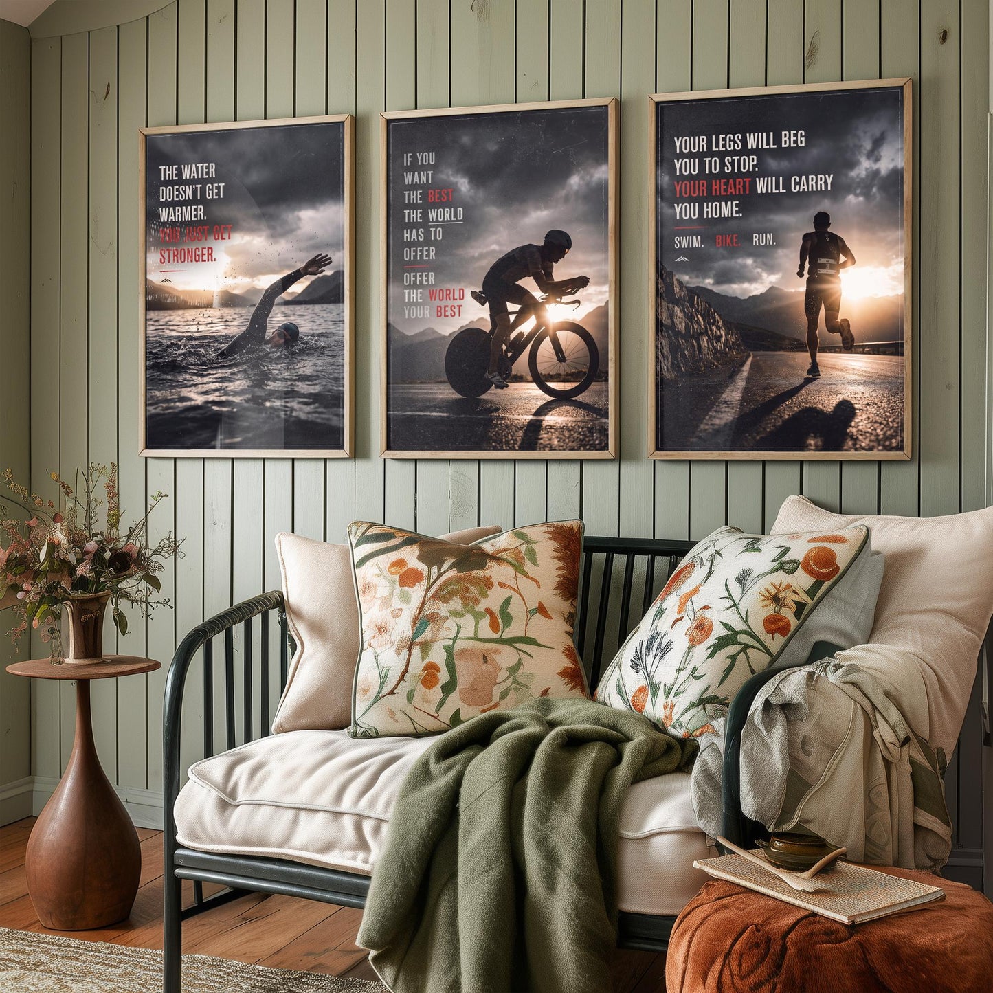 Triathlon Motivation Set of Three Prints - 3 Inspirational Quote Posters - Swim Bike Run Photo Wall Art - Your Heart Carries You