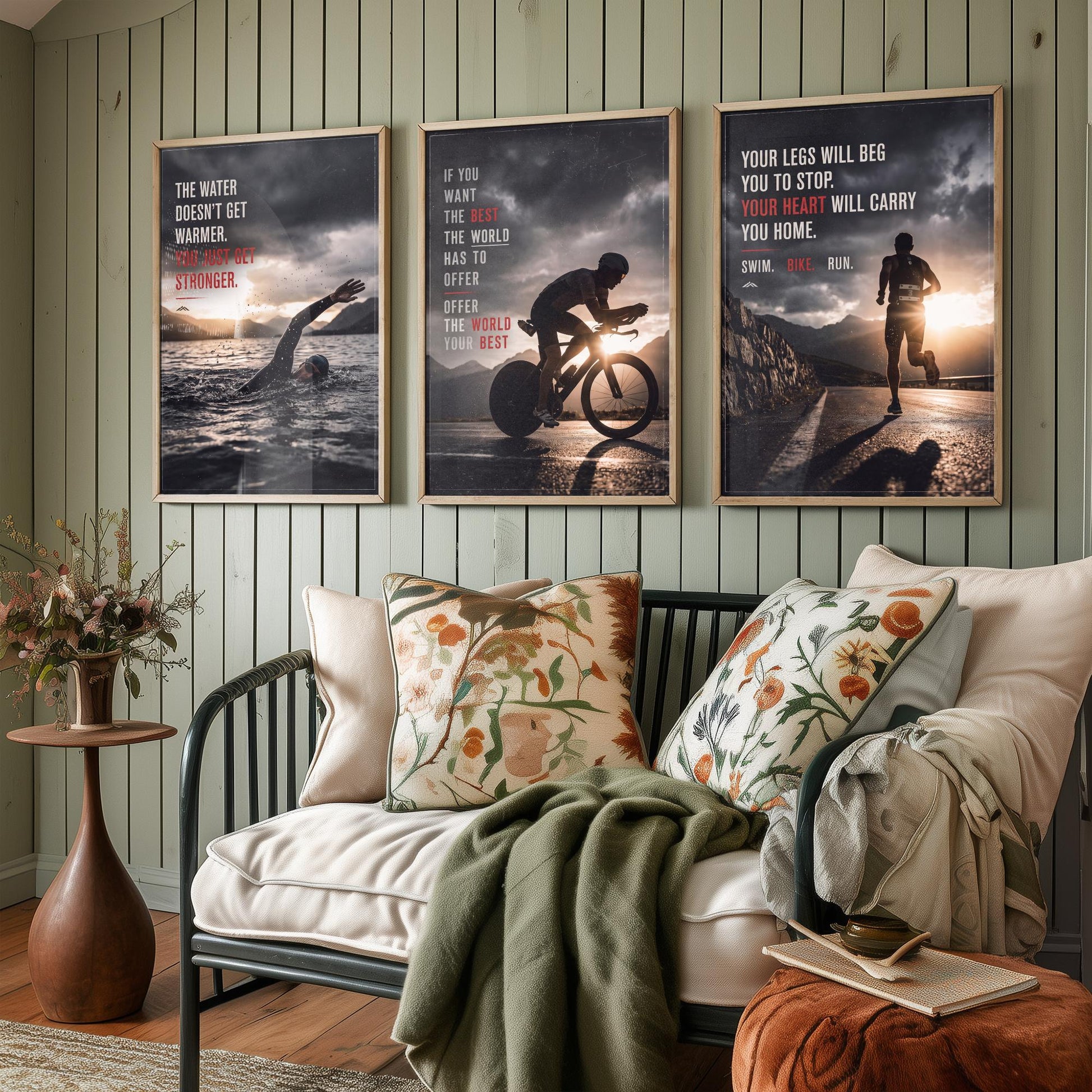 Triathlon Motivation Set of Three Prints - 3 Inspirational Quote Posters - Swim Bike Run Photo Wall Art - Your Heart Carries You