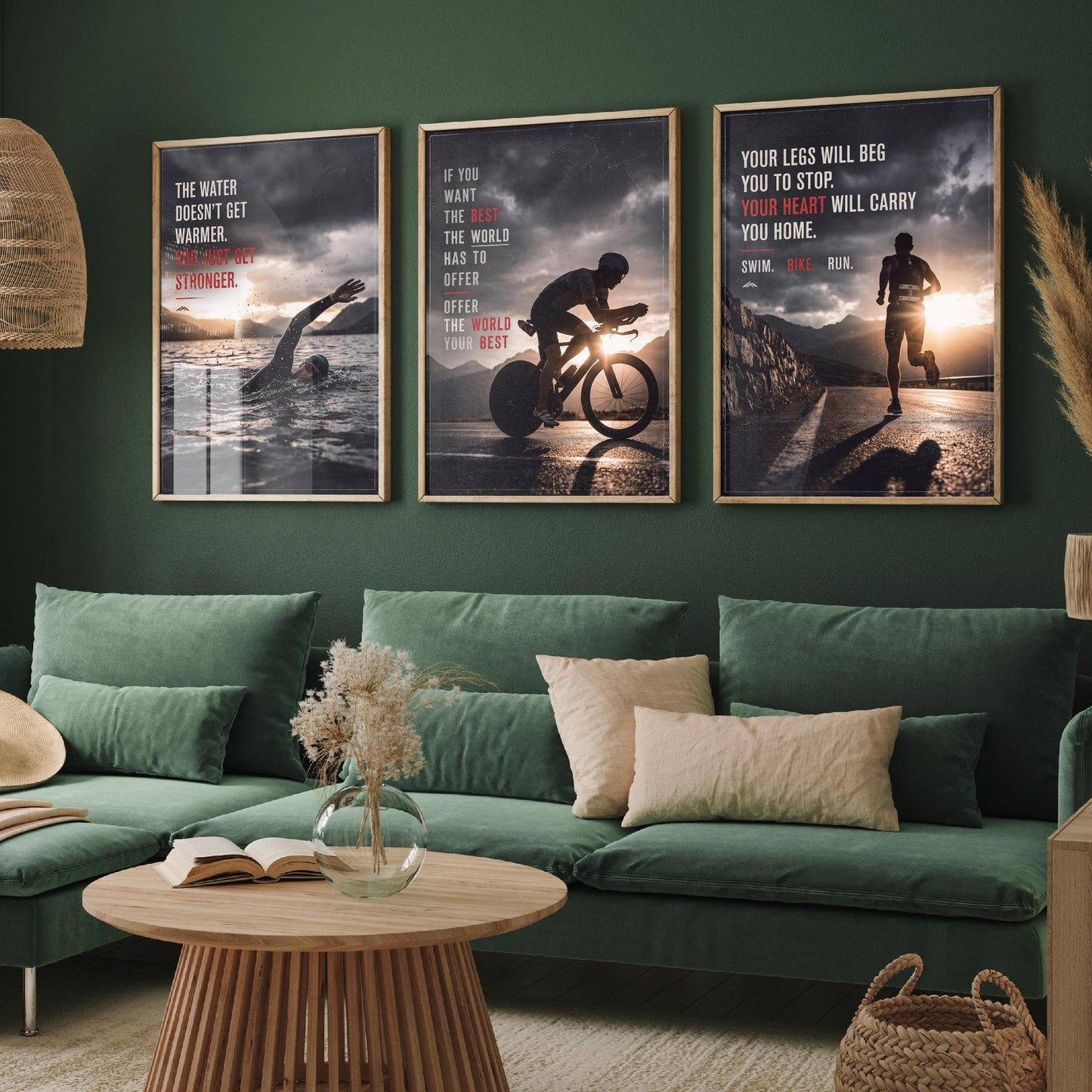 Triathlon Motivation Set of Three Prints - 3 Inspirational Quote Posters - Swim Bike Run Photo Wall Art - Your Heart Carries You