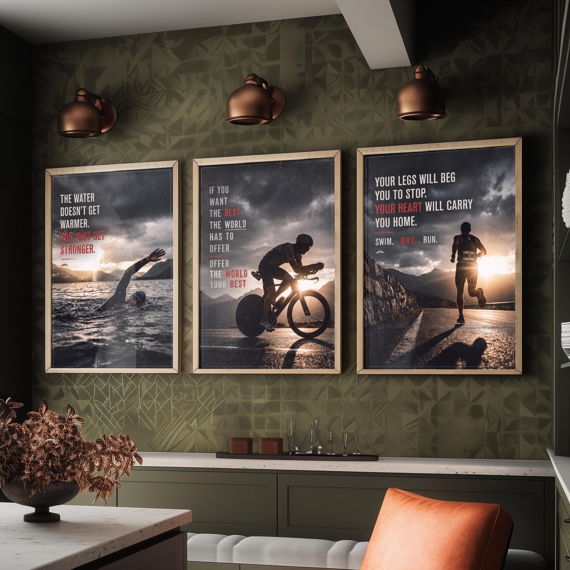 Triathlon Motivation Set of Three Prints - 3 Inspirational Quote Posters - Swim Bike Run Photo Wall Art - Your Heart Carries You