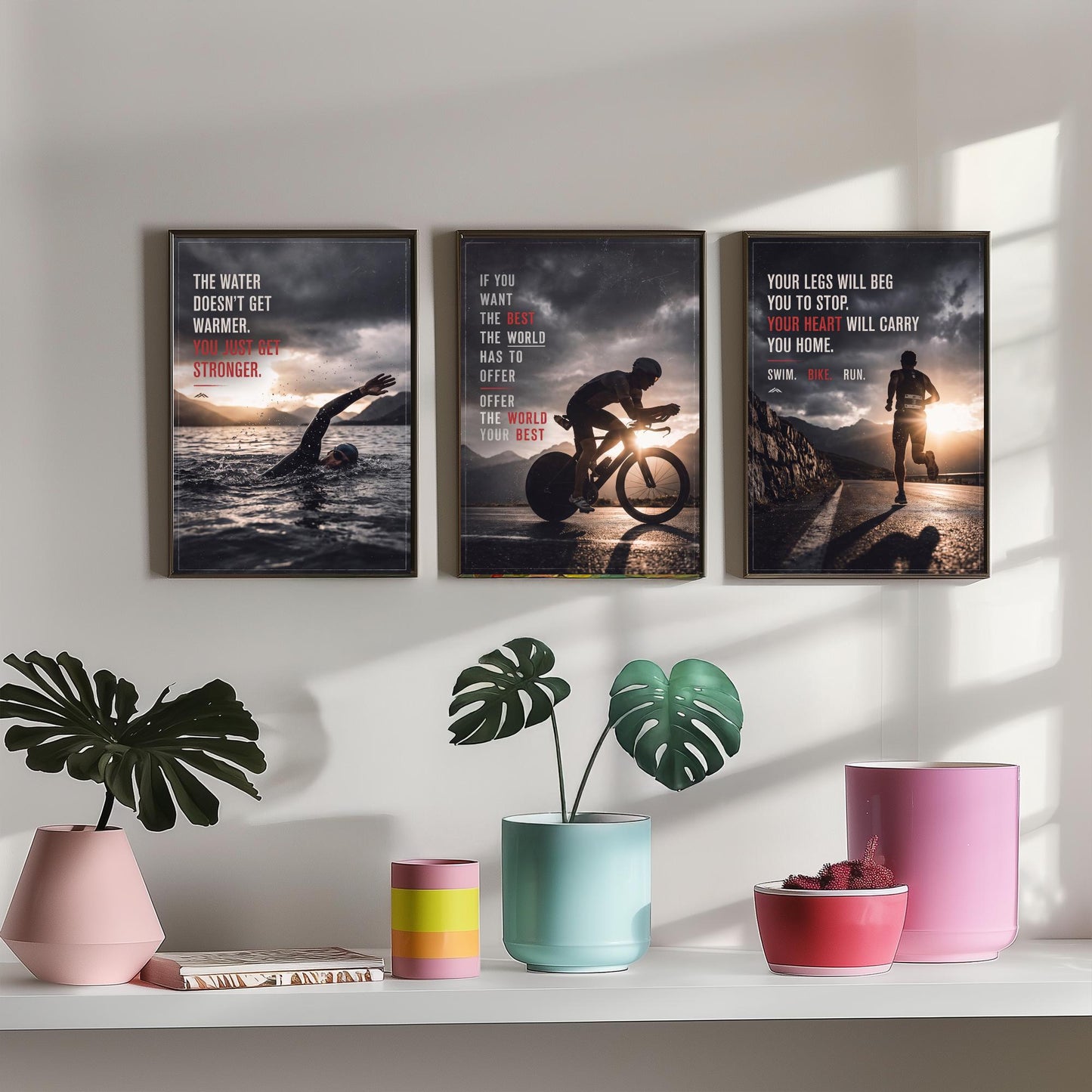 Triathlon Motivation Set of Three Prints - 3 Inspirational Quote Posters - Swim Bike Run Photo Wall Art - Your Heart Carries You