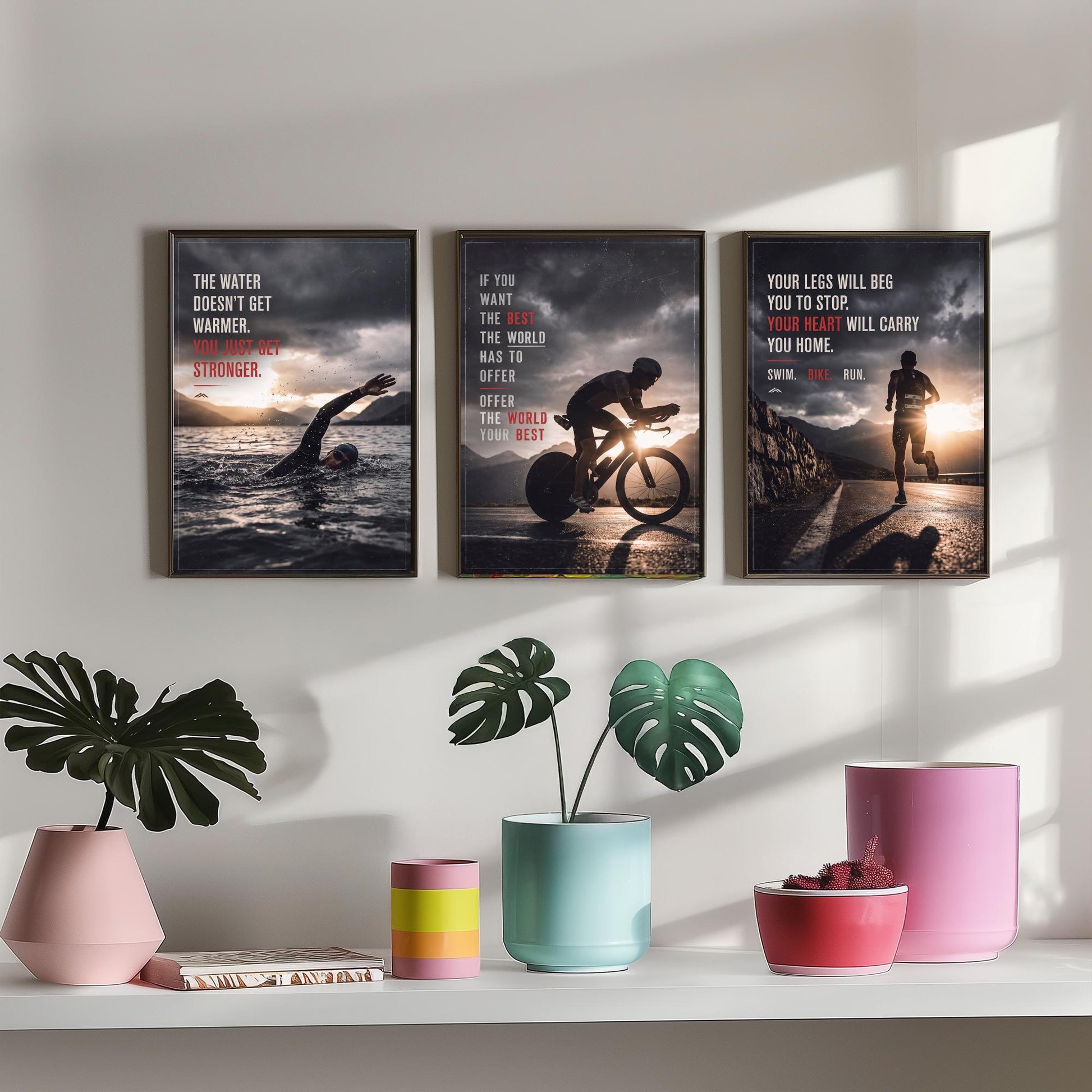 Triathlon Motivation Set of Three Prints - 3 Inspirational Quote Posters - Swim Bike Run Photo Wall Art - Your Heart Carries You