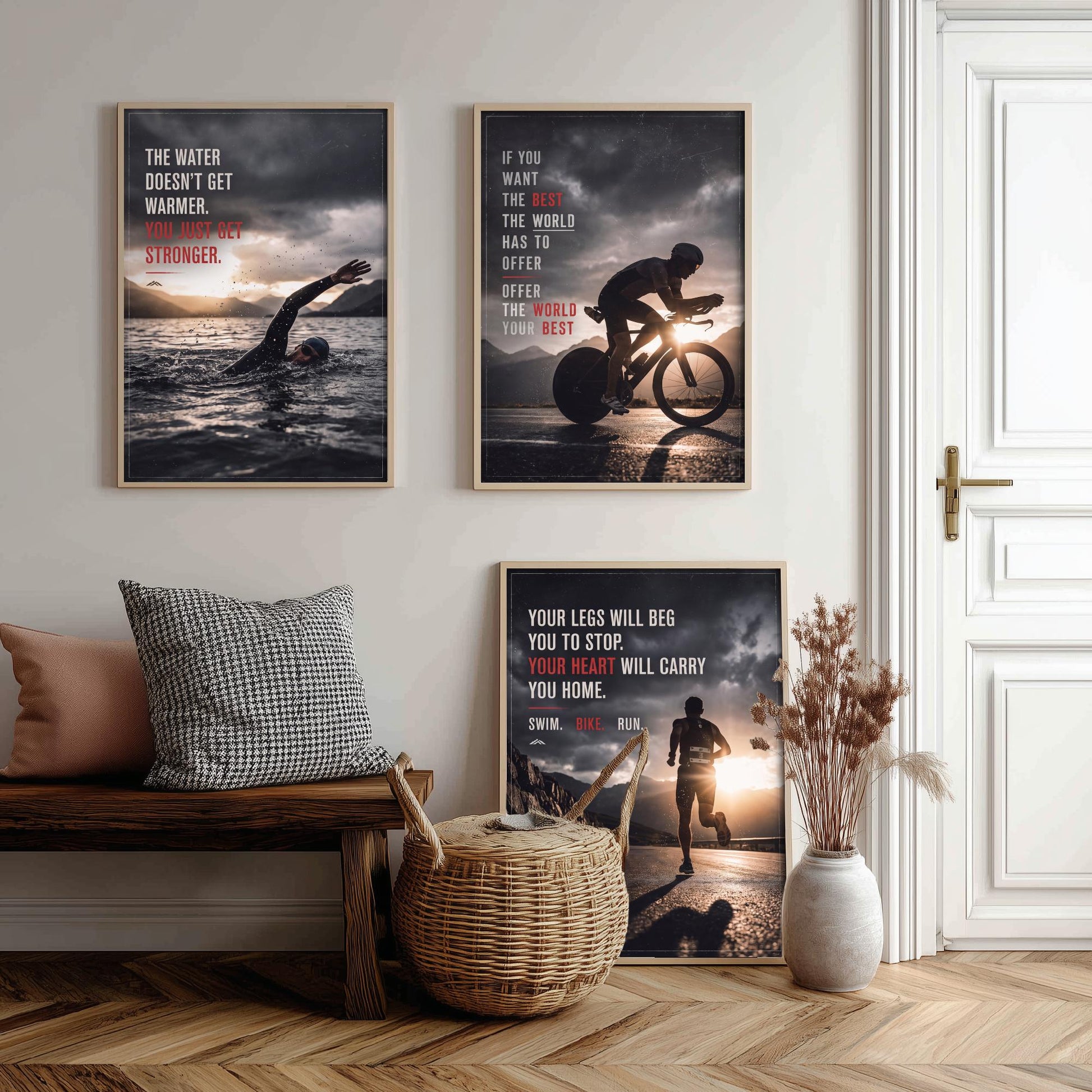 Triathlon Motivation Set of Three Prints - 3 Inspirational Quote Posters - Swim Bike Run Photo Wall Art - Your Heart Carries You