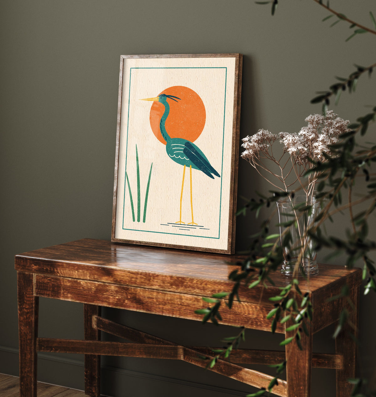 Green Heron Art Print - Orange Sun Wading Bird Poster - Retro Linocut Style Woodcut Illustration V2 1/3