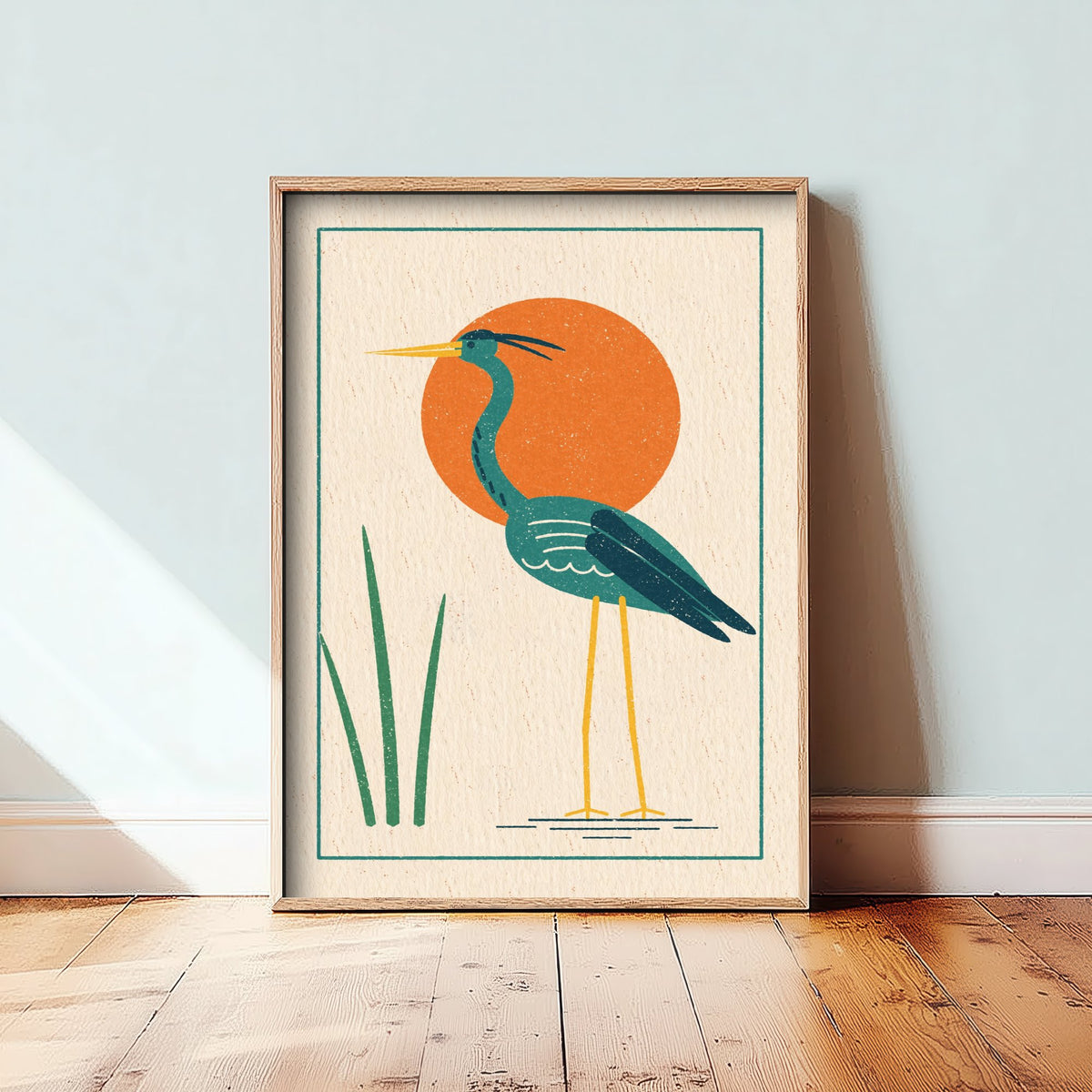 Green Heron Art Print - Orange Sun Wading Bird Poster - Retro Linocut Style Woodcut Illustration V2 1/3