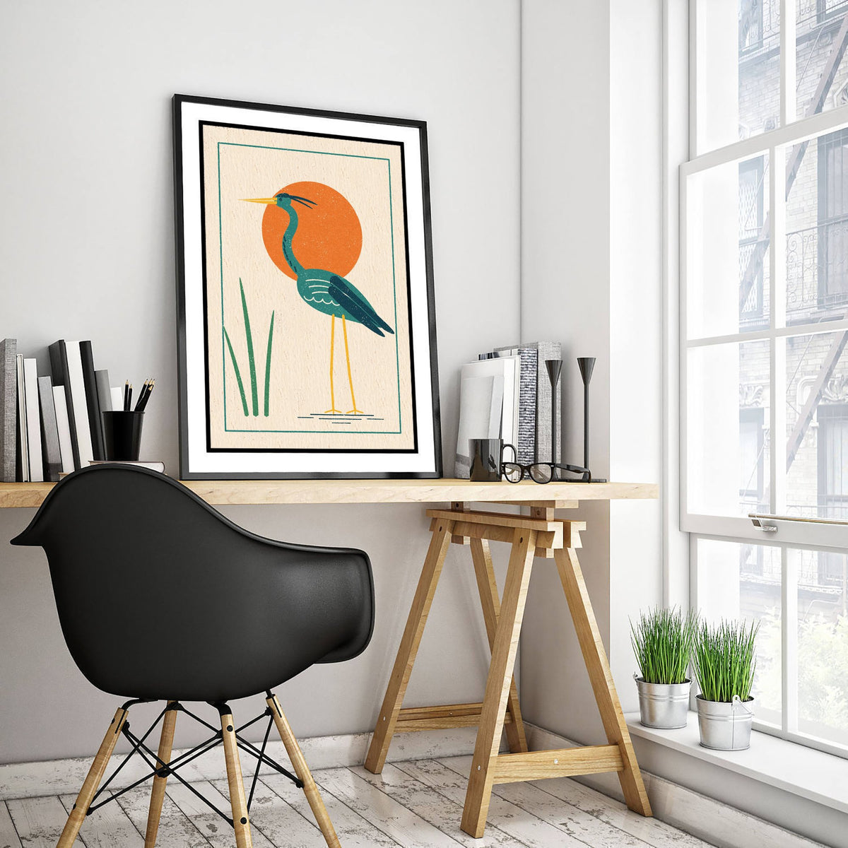 Green Heron Art Print - Orange Sun Wading Bird Poster - Retro Linocut Style Woodcut Illustration V2 1/3