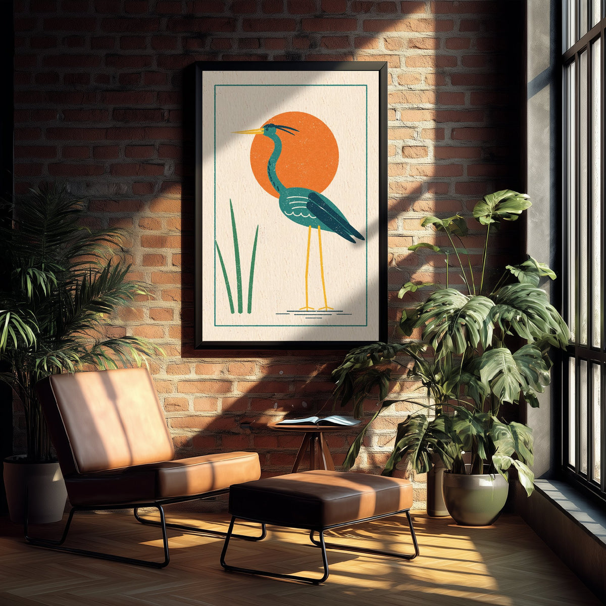Green Heron Art Print - Orange Sun Wading Bird Poster - Retro Linocut Style Woodcut Illustration V2 1/3