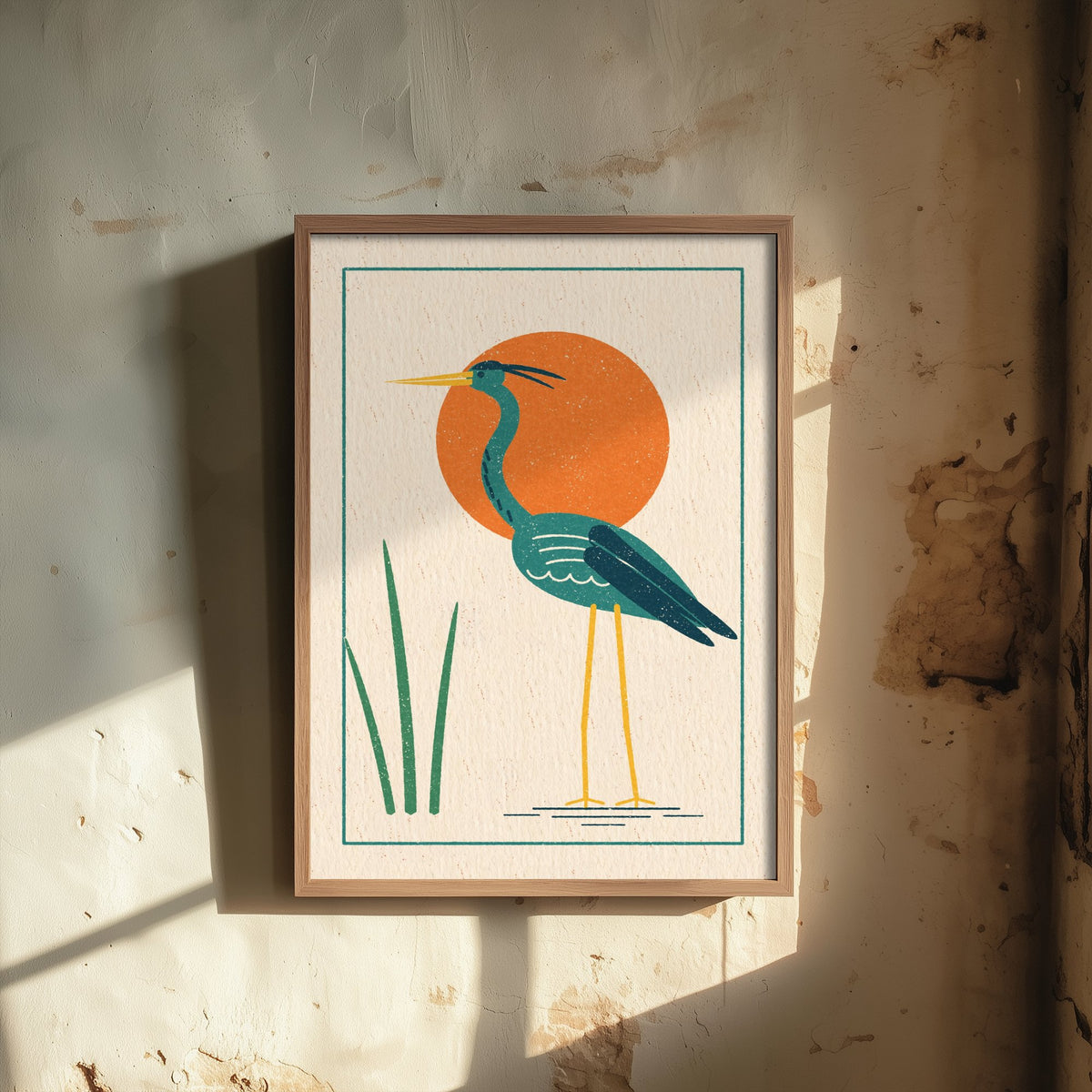 Green Heron Art Print - Orange Sun Wading Bird Poster - Retro Linocut Style Woodcut Illustration V2 1/3