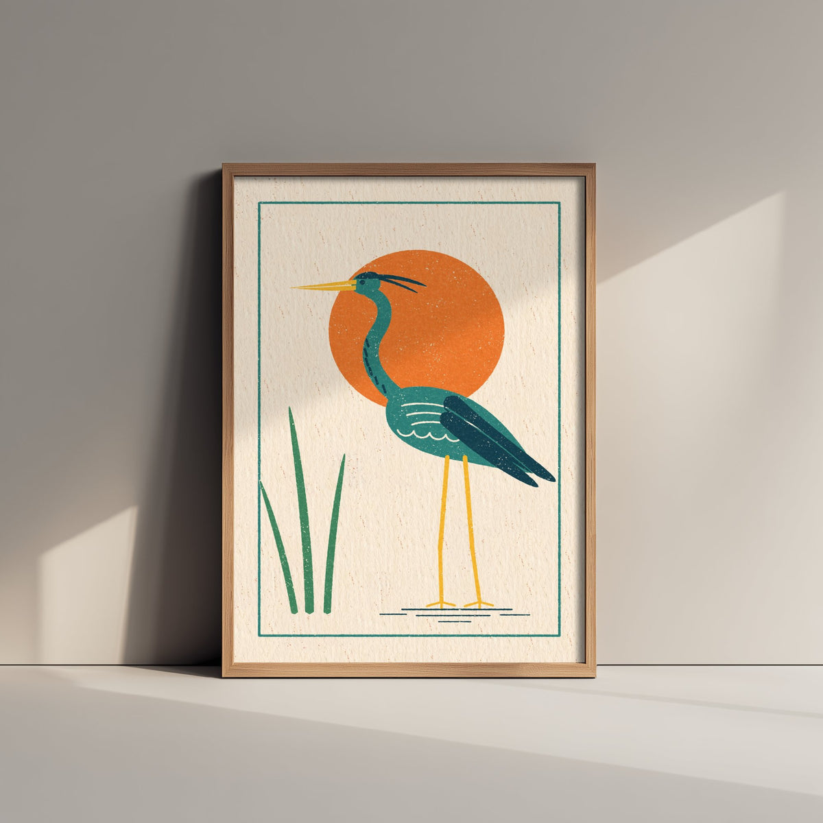 Green Heron Art Print - Orange Sun Wading Bird Poster - Retro Linocut Style Woodcut Illustration V2 1/3
