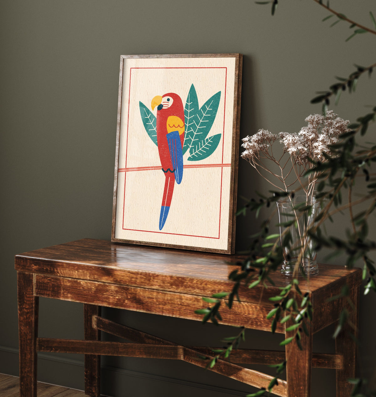 Scarlet Macaw Poster - Tropical Leaf Parrot Art Print - Linocut Style Jungle Bird Woodcut Illustration V2 2/3