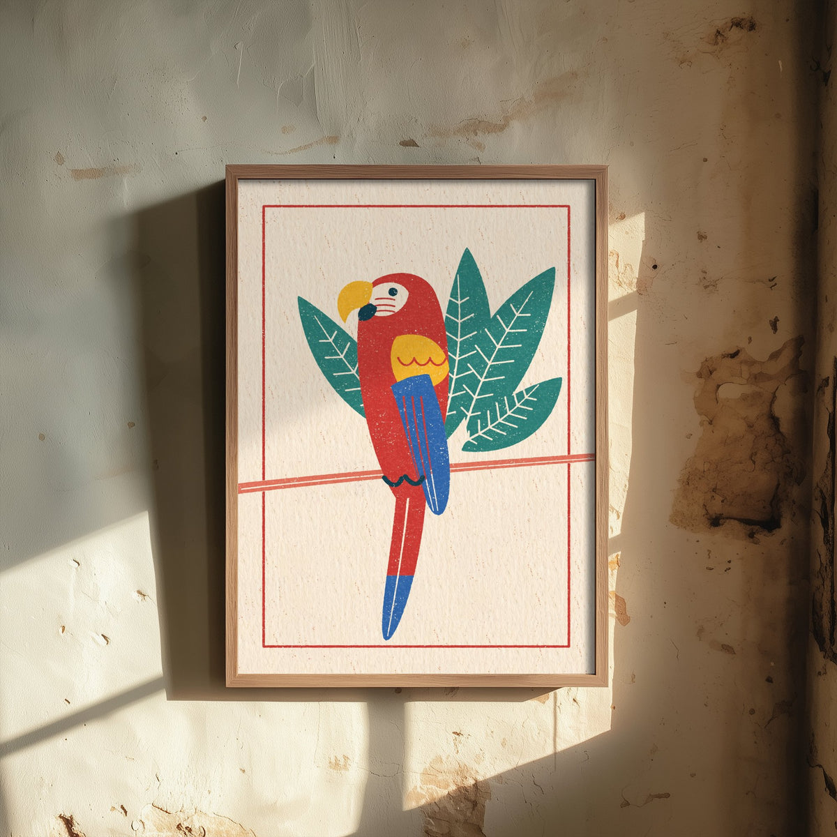 Scarlet Macaw Poster - Tropical Leaf Parrot Art Print - Linocut Style Jungle Bird Woodcut Illustration V2 2/3