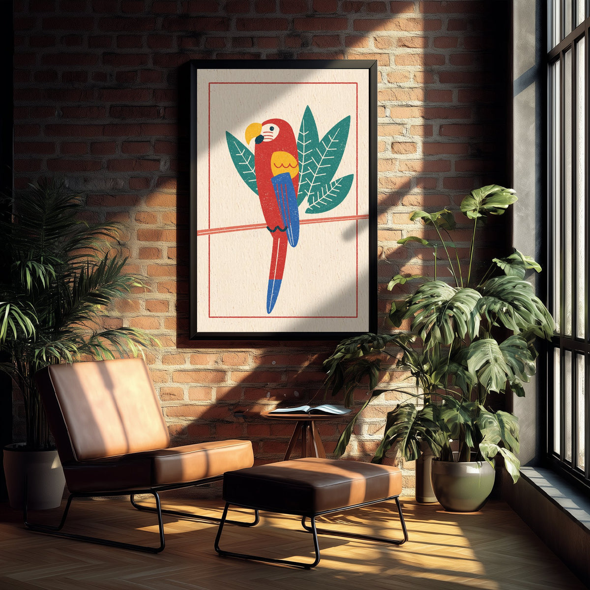 Scarlet Macaw Poster - Tropical Leaf Parrot Art Print - Linocut Style Jungle Bird Woodcut Illustration V2 2/3