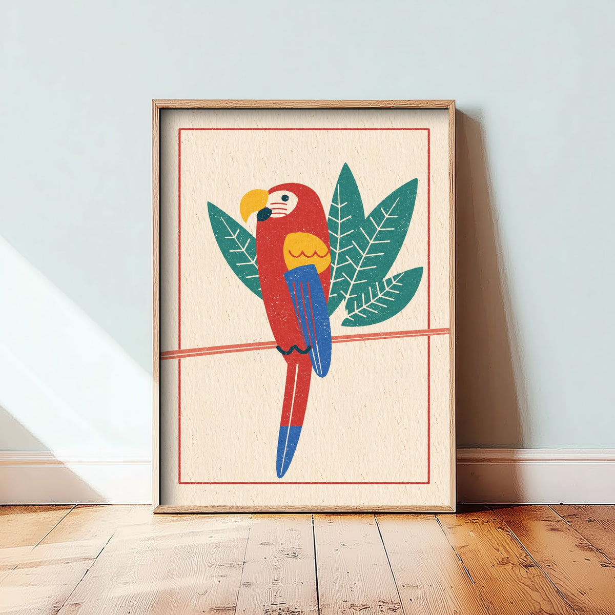Scarlet Macaw Poster - Tropical Leaf Parrot Art Print - Linocut Style Jungle Bird Woodcut Illustration V2 2/3