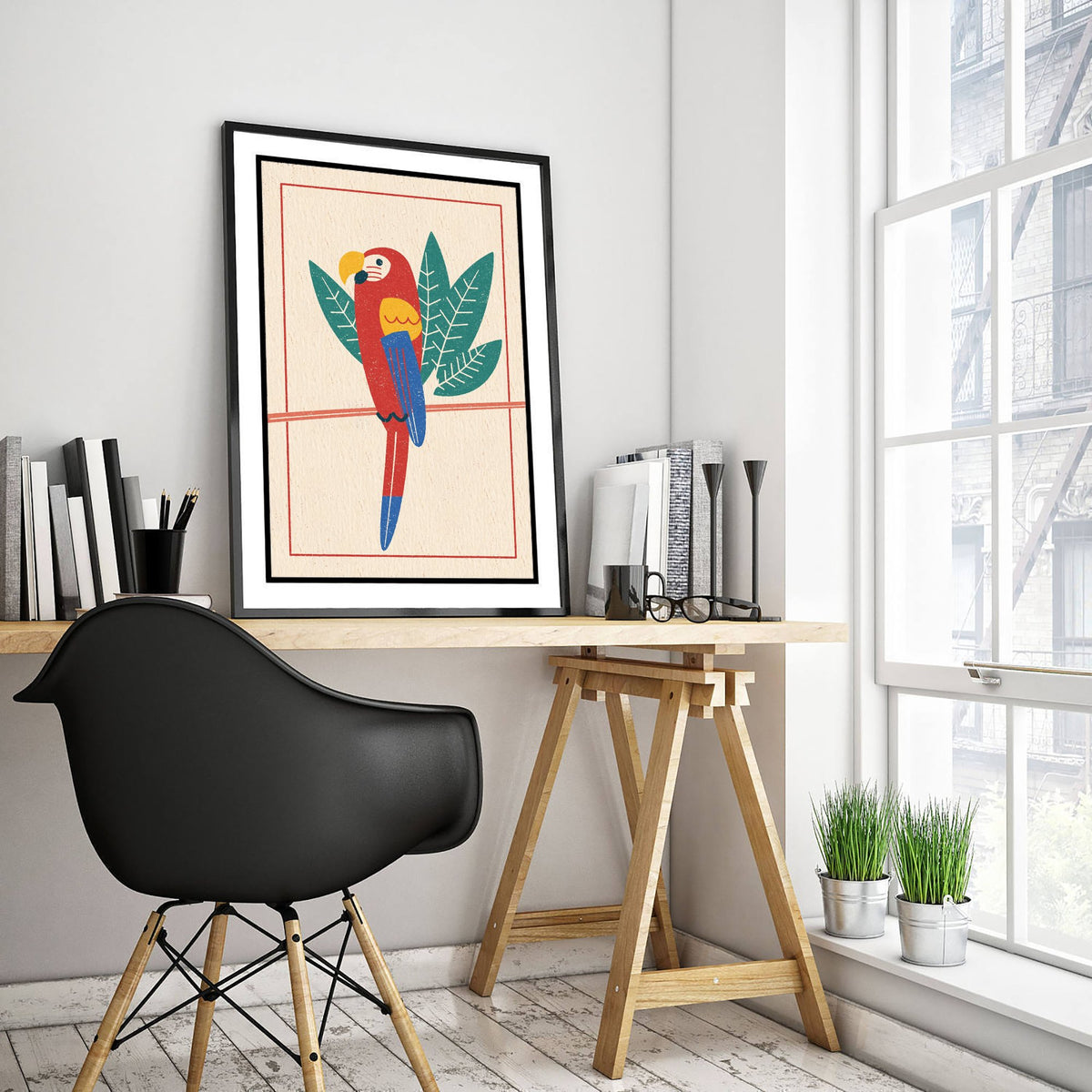 Scarlet Macaw Poster - Tropical Leaf Parrot Art Print - Linocut Style Jungle Bird Woodcut Illustration V2 2/3