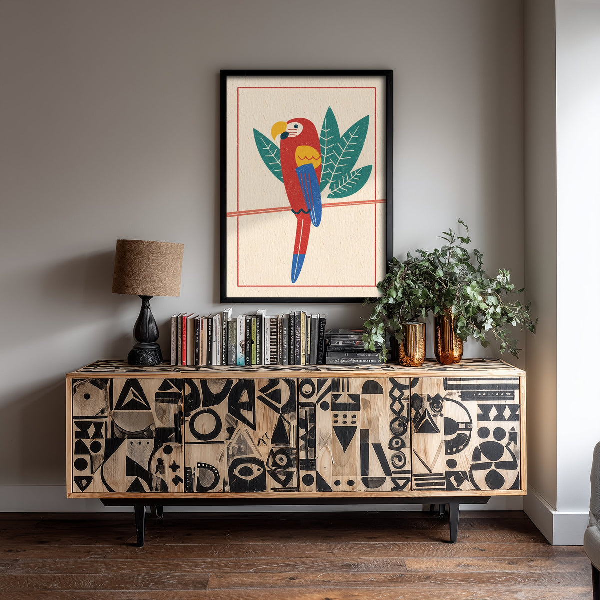 Scarlet Macaw Poster - Tropical Leaf Parrot Art Print - Linocut Style Jungle Bird Woodcut Illustration V2 2/3
