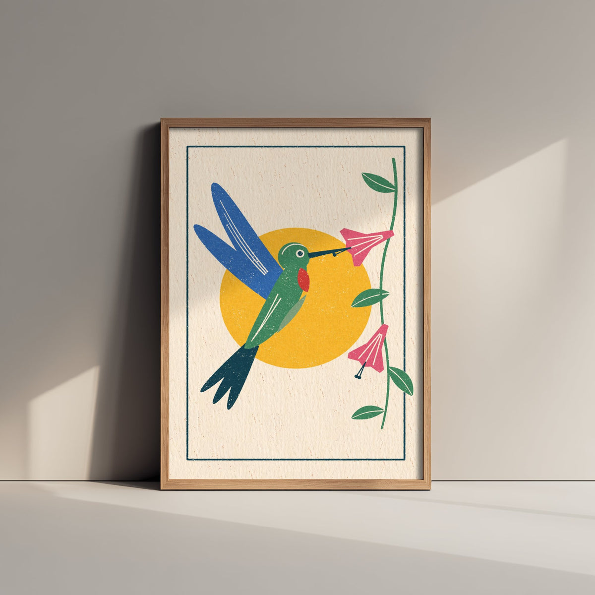 Hummingbird Art Print - Pink Trumpet Flower Poster - Yellow Sun Linocut Woodcut Bird Illustration V2 3/3