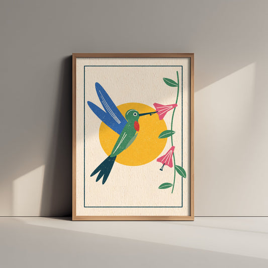 Hummingbird Art Print - Pink Trumpet Flower Poster - Yellow Sun Linocut Woodcut Bird Illustration V2 3/3