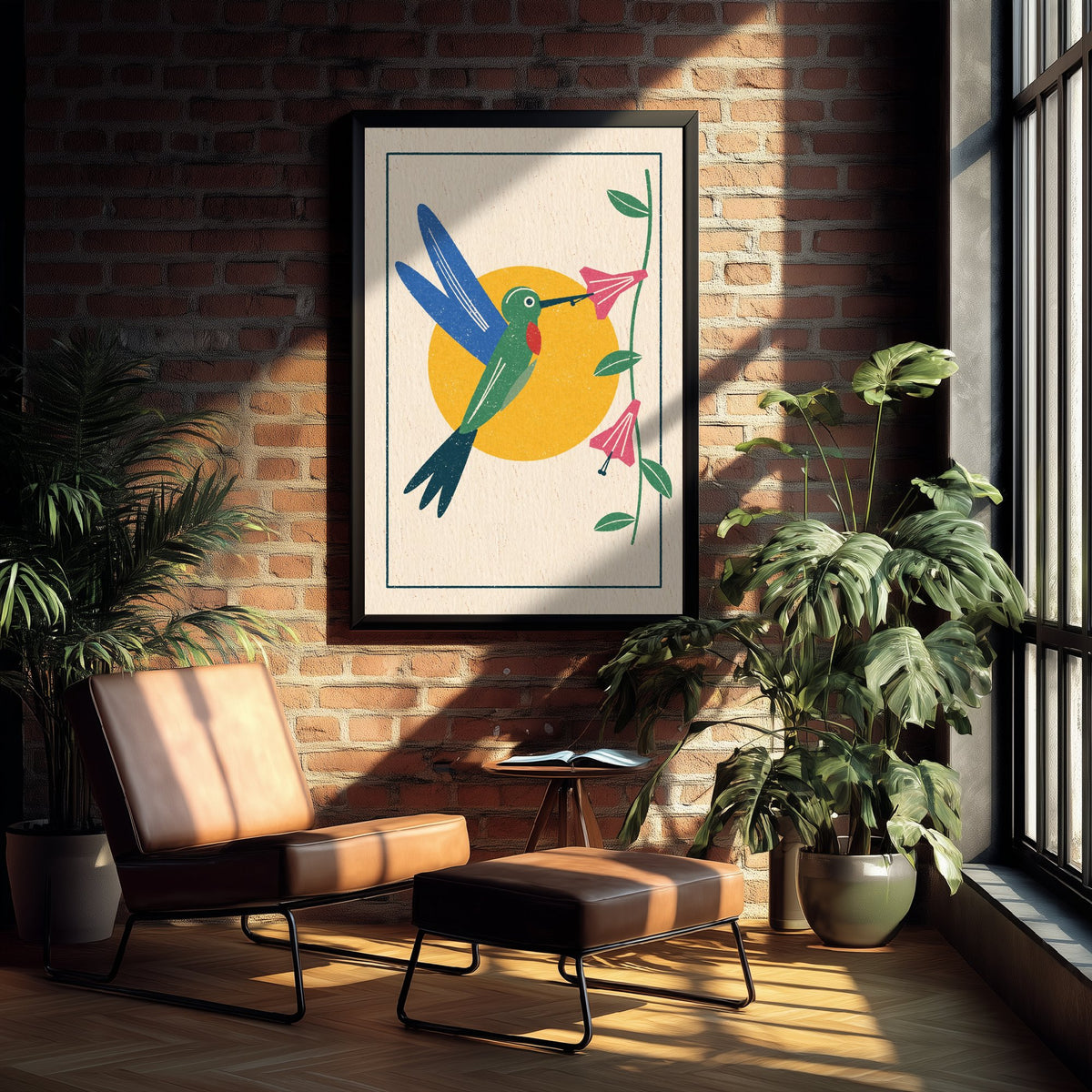 Hummingbird Art Print - Pink Trumpet Flower Poster - Yellow Sun Linocut Woodcut Bird Illustration V2 3/3