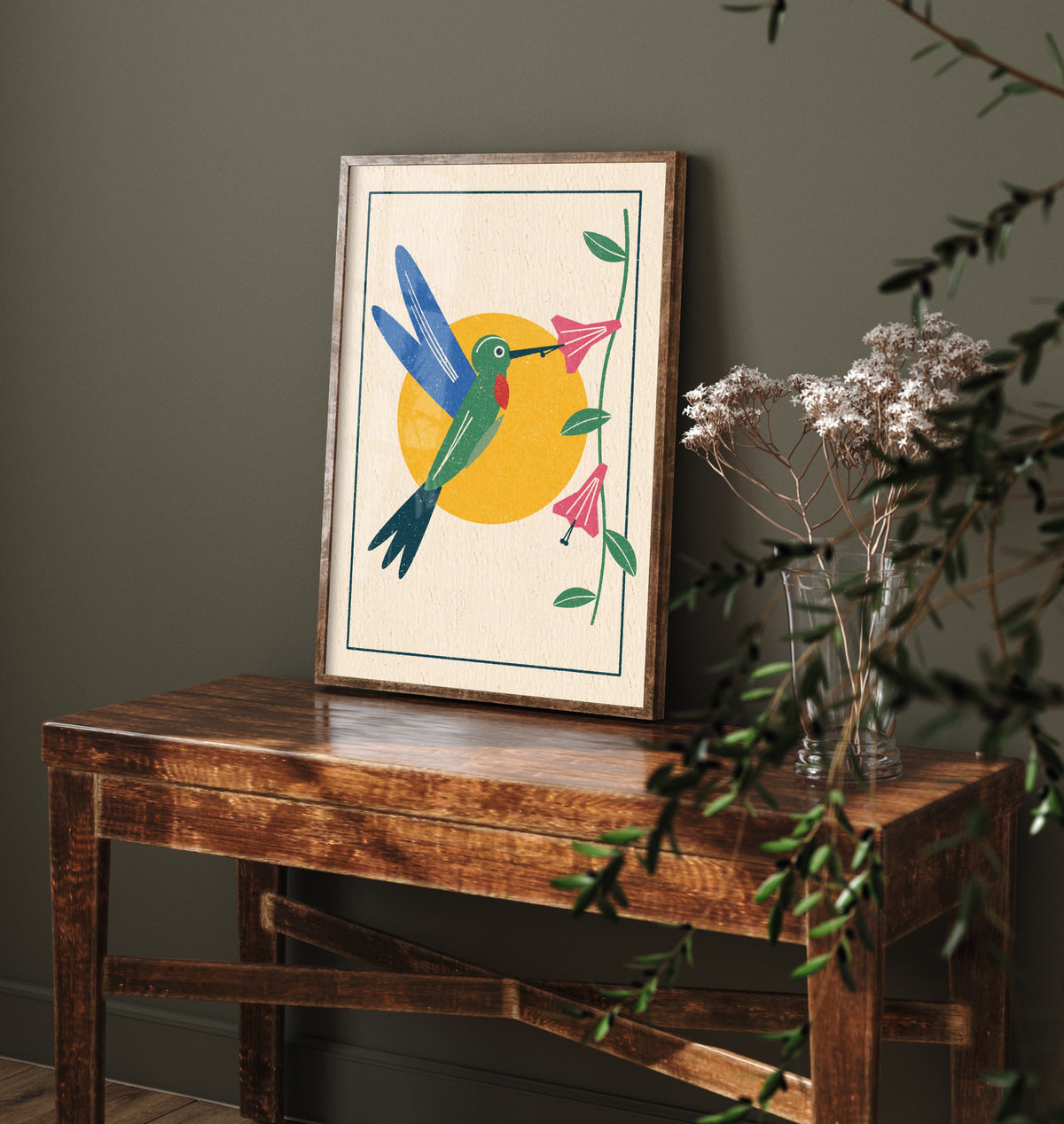 Hummingbird Art Print - Pink Trumpet Flower Poster - Yellow Sun Linocut Woodcut Bird Illustration V2 3/3
