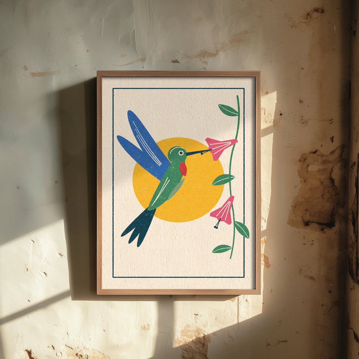 Hummingbird Art Print - Pink Trumpet Flower Poster - Yellow Sun Linocut Woodcut Bird Illustration V2 3/3