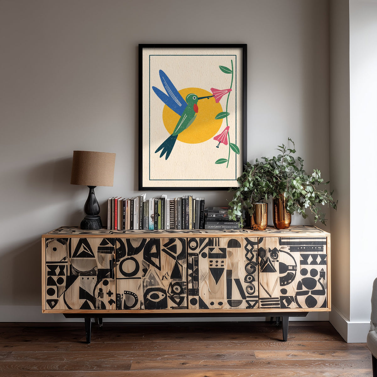 Hummingbird Art Print - Pink Trumpet Flower Poster - Yellow Sun Linocut Woodcut Bird Illustration V2 3/3