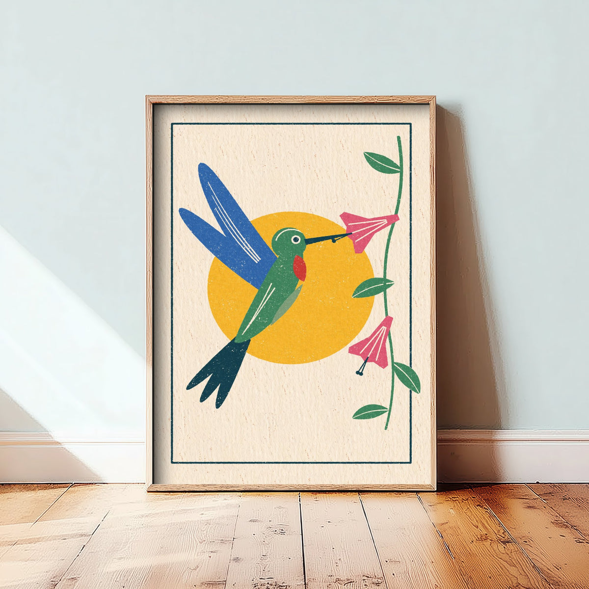 Hummingbird Art Print - Pink Trumpet Flower Poster - Yellow Sun Linocut Woodcut Bird Illustration V2 3/3