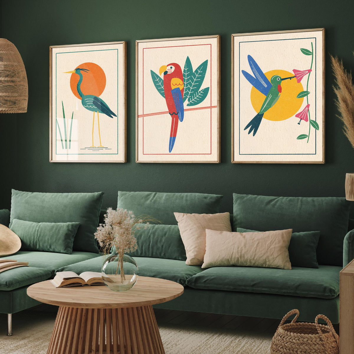 Tropical Bird Set of Three Art Prints - Heron, Macaw, Hummingbird - Linocut Style Poster Illustration V2