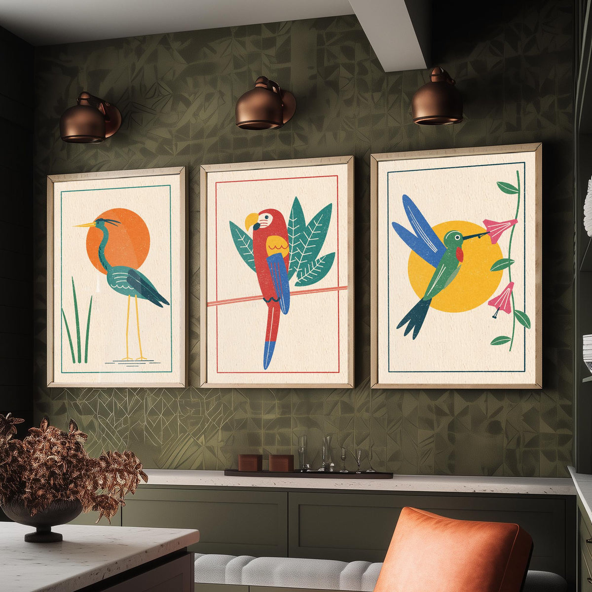 Tropical Bird Set of Three Art Prints - Heron, Macaw, Hummingbird - Linocut Style Poster Illustration V2