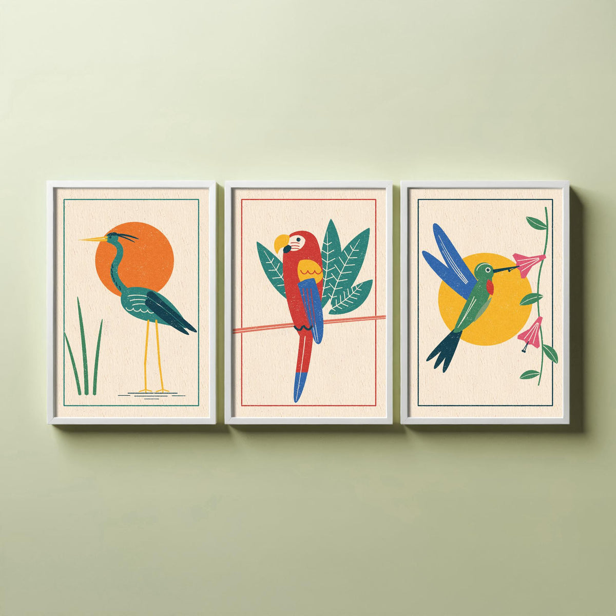 Tropical Bird Set of Three Art Prints - Heron, Macaw, Hummingbird - Linocut Style Poster Illustration V2